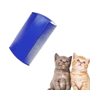 AuraComb Pro blue double-sided pet grooming comb with two kittens