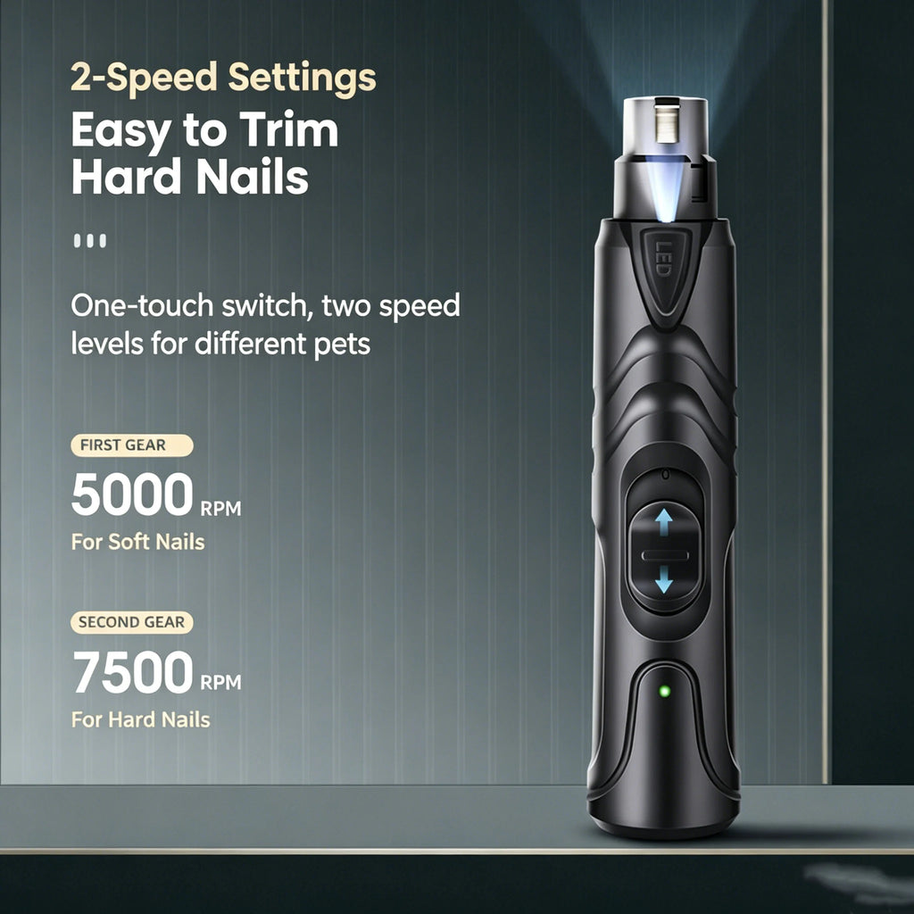 Pet Nail Grinder with LED Illumination 2 Speed Setting Quiet Nail Trimmer USB Rechargeable for Dogs Pets
