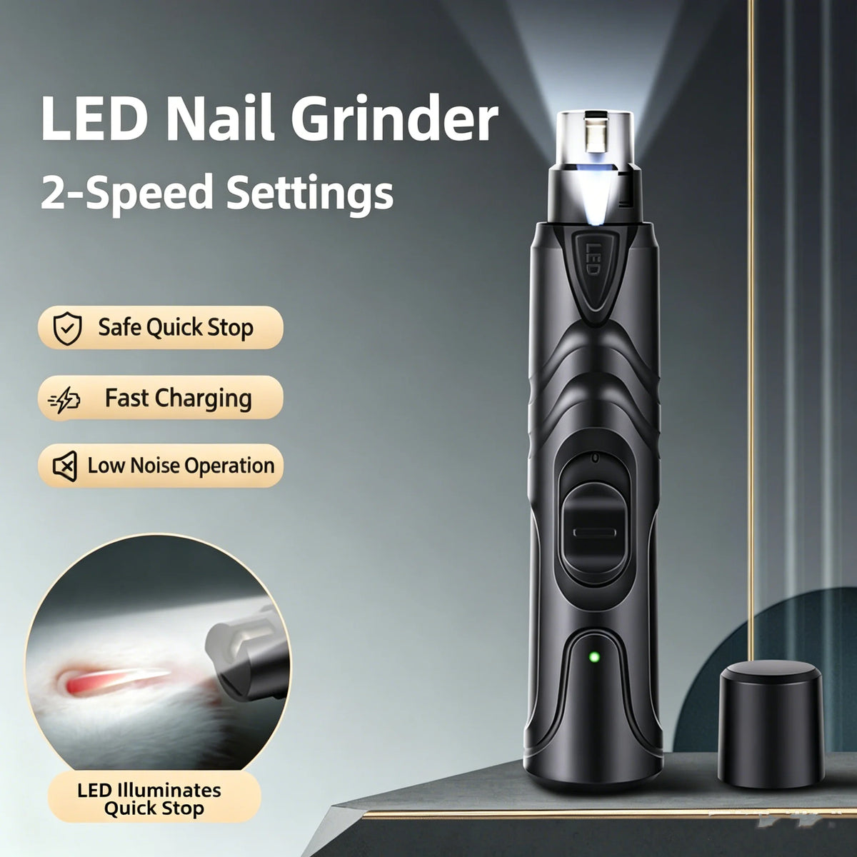 Pet Nail Grinder with LED Illumination 2 Speed Setting Quiet Nail Trimmer USB Rechargeable for Dogs Pets