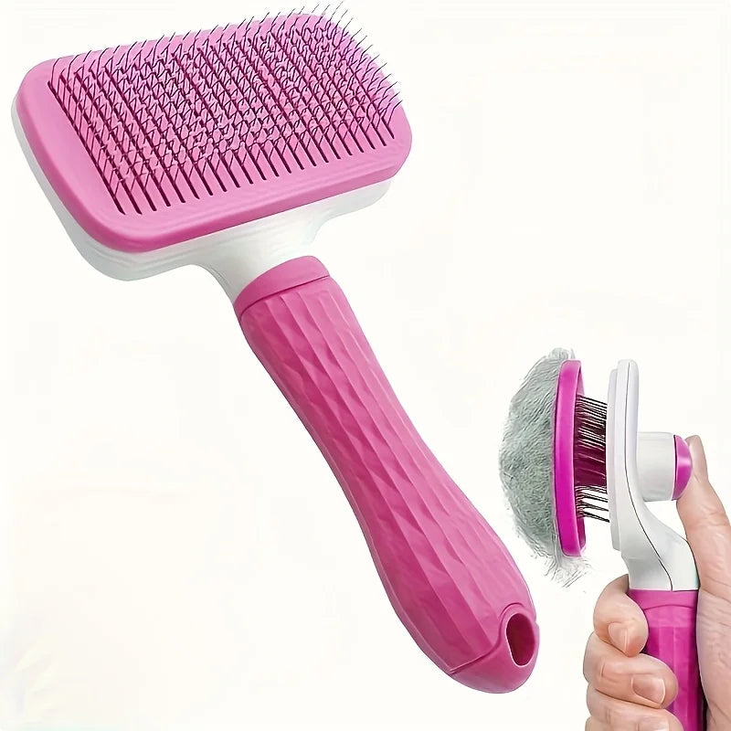 1 pet brush with easy-to-clean buttons, a pet massage comb for effective detangling and hair removal, with an ergonomic