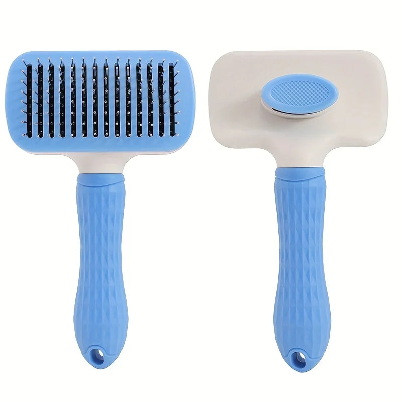 1 pet brush with easy-to-clean buttons, a pet massage comb for effective detangling and hair removal, with an ergonomic
