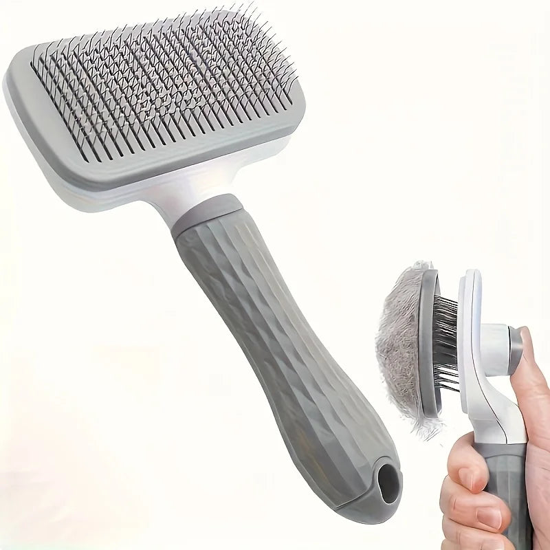 1 pet brush with easy-to-clean buttons, a pet massage comb for effective detangling and hair removal, with an ergonomic