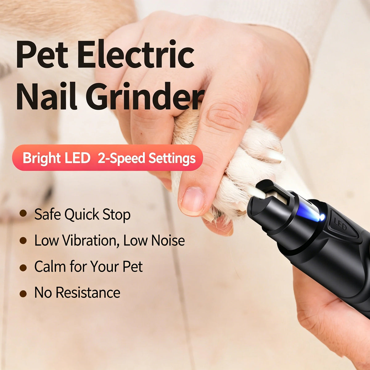Pet Nail Grinder with LED Illumination 2 Speed Setting Quiet Nail Trimmer USB Rechargeable for Dogs Pets
