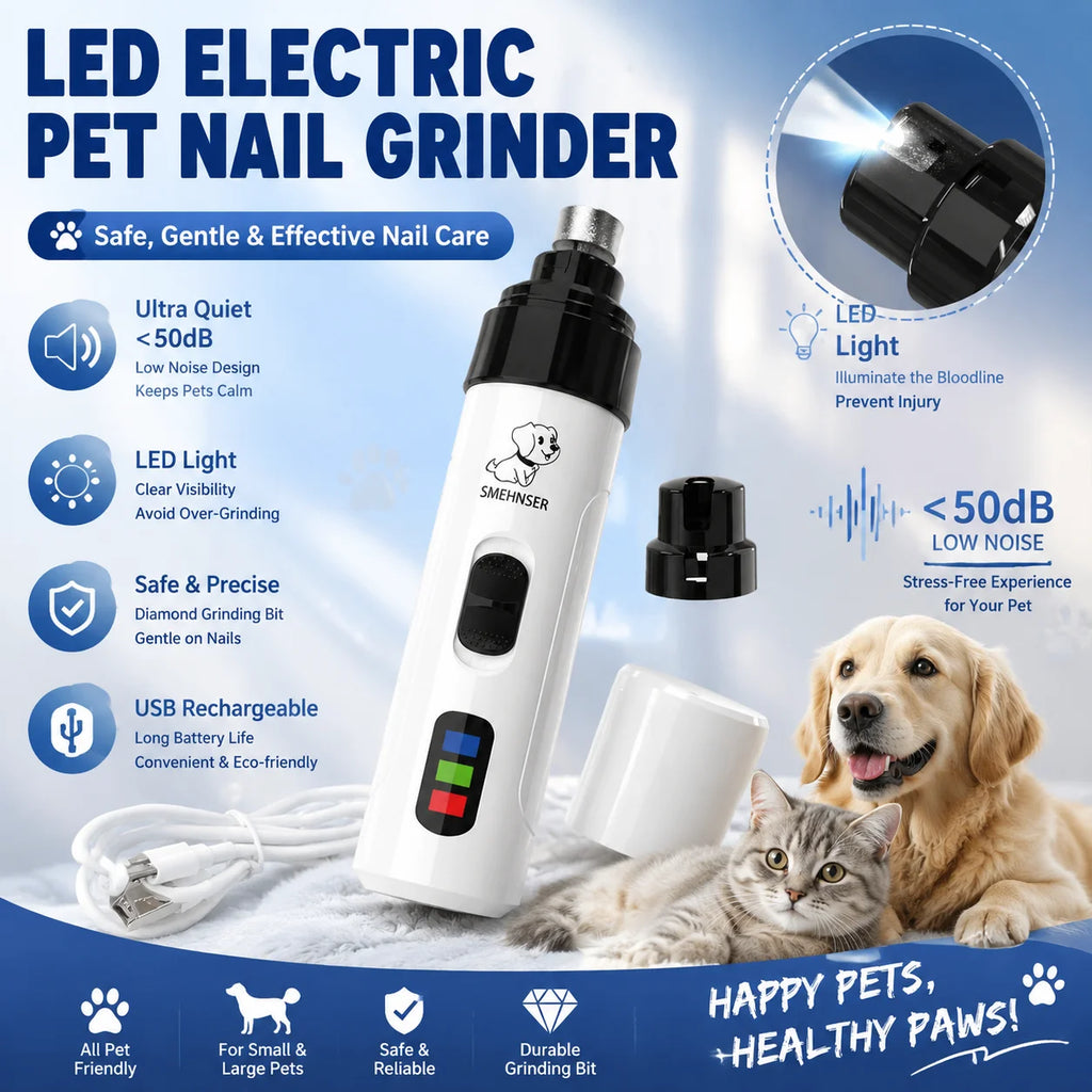 LED Electric Pet Nail Grinder Ultra Quiet USB Rechargeable Pet Nail Trimmer With LED Light Low Noise Paw Care Tool For Dogs Cats