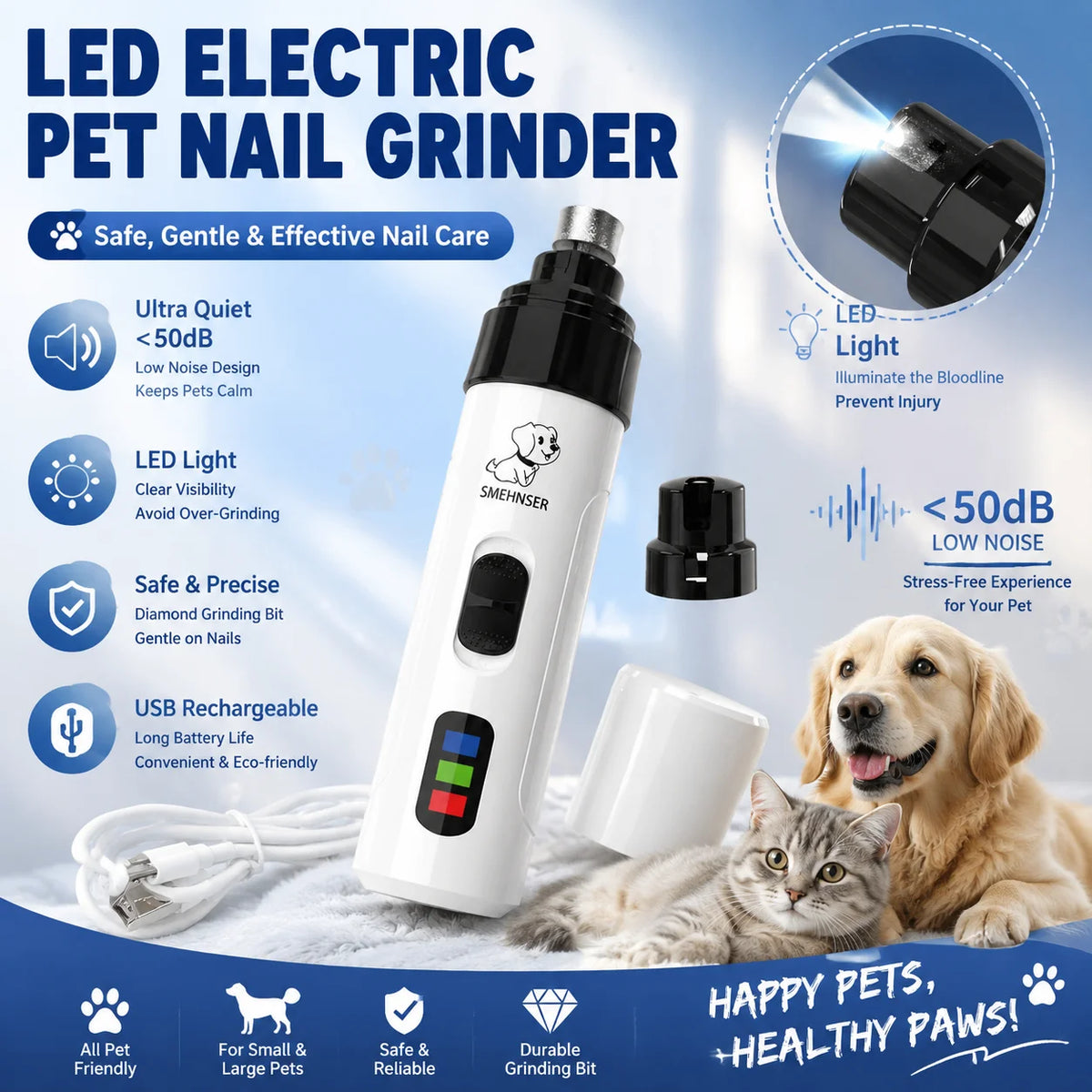 LED Electric Pet Nail Grinder Ultra Quiet USB Rechargeable Pet Nail Trimmer With LED Light Low Noise Paw Care Tool For Dogs Cats