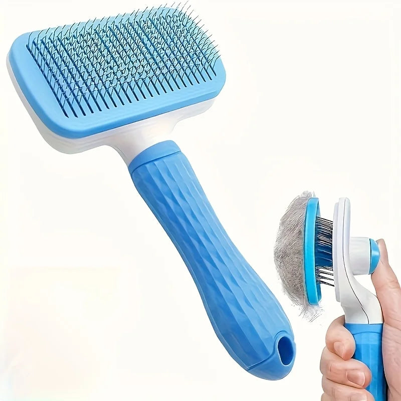 1 pet brush with easy-to-clean buttons, a pet massage comb for effective detangling and hair removal, with an ergonomic