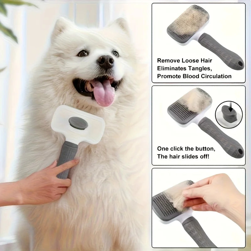 1 pet brush with easy-to-clean buttons, a pet massage comb for effective detangling and hair removal, with an ergonomic