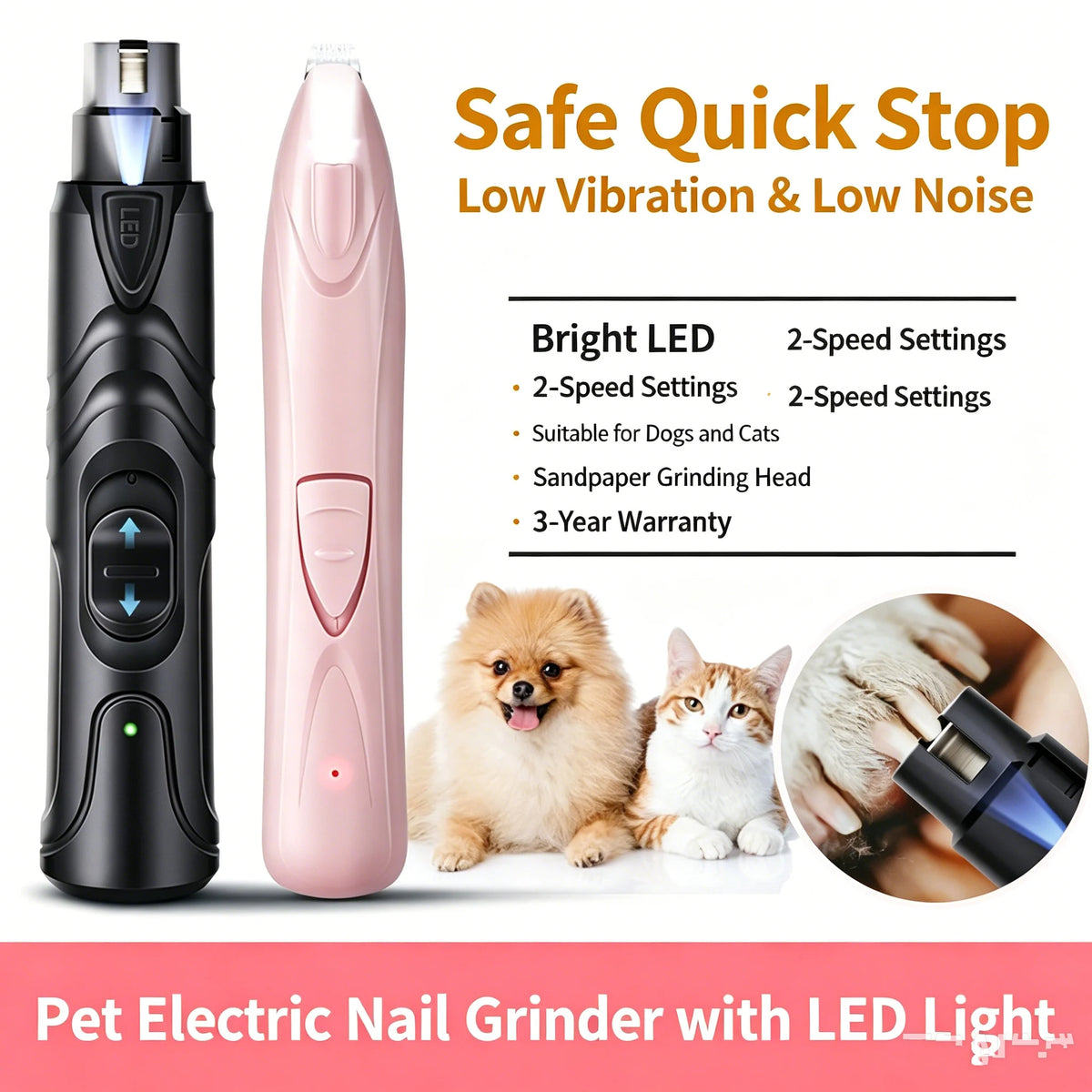 Pet Nail Grinder with LED Illumination 2 Speed Setting Quiet Nail Trimmer USB Rechargeable for Dogs Pets