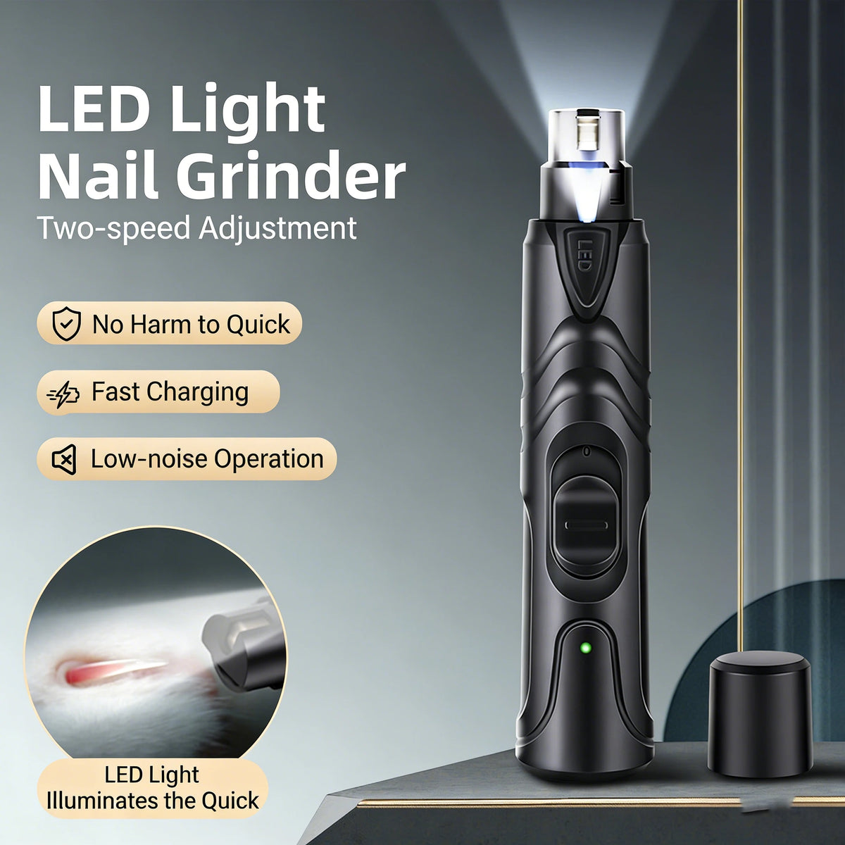 USB Rechargeable Pet Nail Grinder with LED Illumination, 2 Speed Quiet Electric Nail Trimmer, Painless Pet Nail Clipper for Dogs