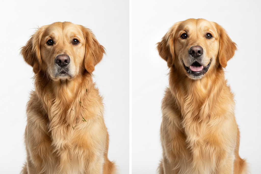 Before and after dog grooming results with SteamGroom Pro Brush