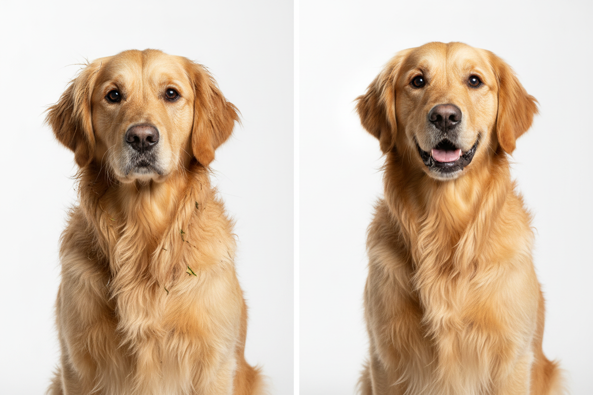 Before and after dog grooming results with SteamGroom Pro Brush
