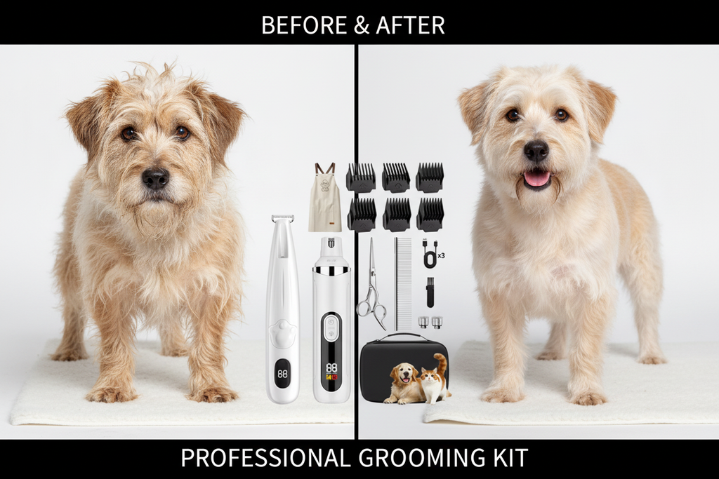 Before and after dog groom using AuraGroom Pro Kit