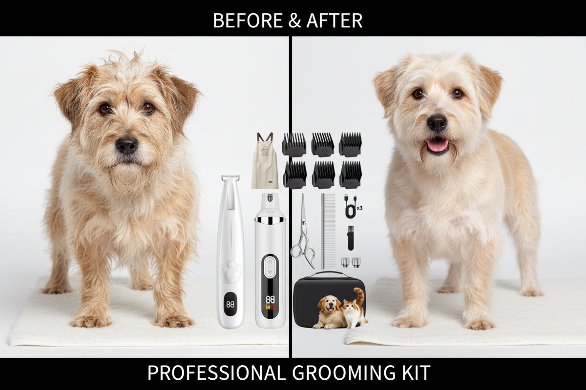 Before and after dog groom using AuraGroom Pro Kit