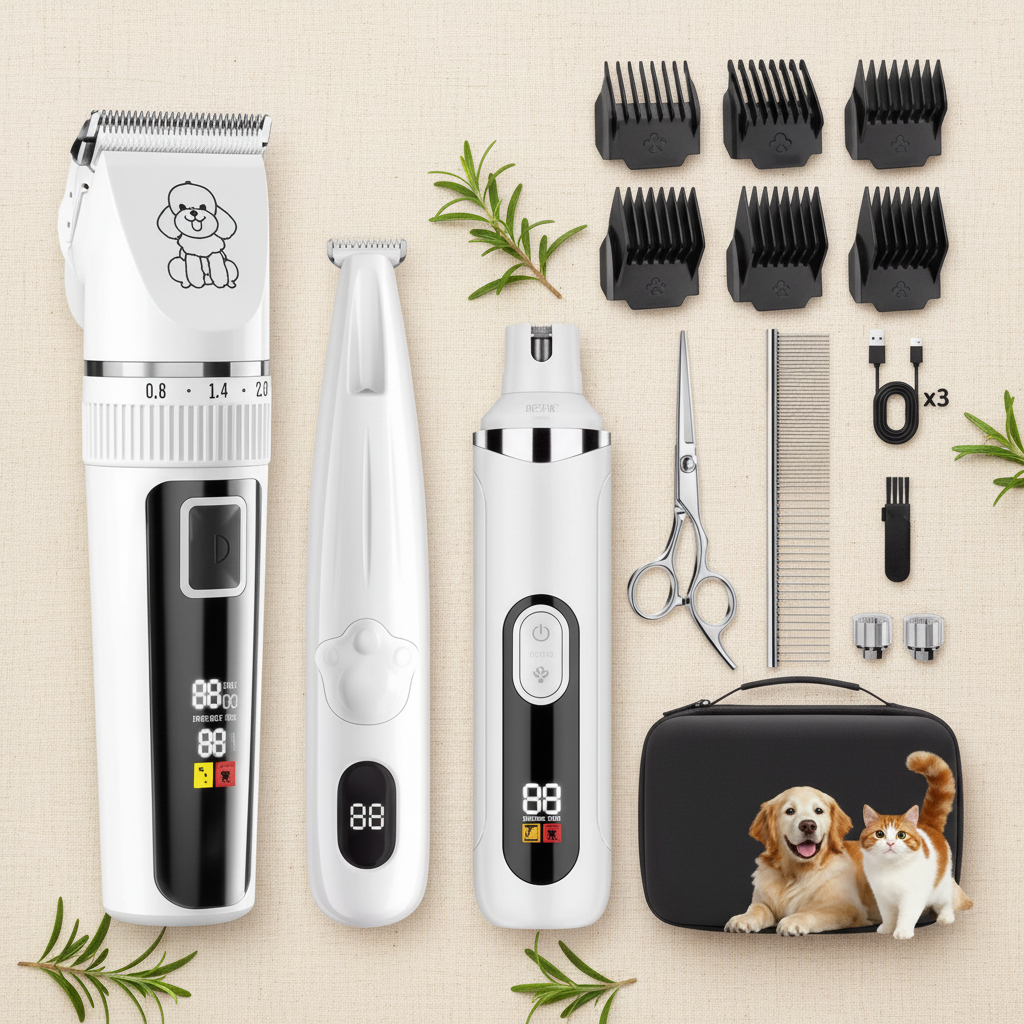 AuraGroom Pro Kit editorial flat lay on linen background