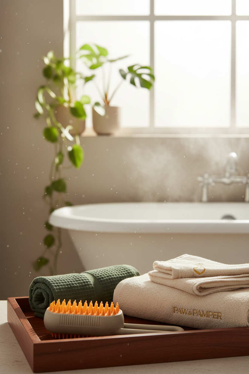 SteamGroom Pro Brush in spa-like bathroom setting, aspirational lifestyle