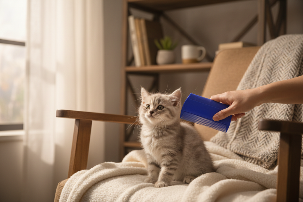 AuraComb Pro being used on a grey kitten, lifestyle