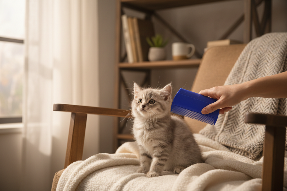 AuraComb Pro being used on a grey kitten, lifestyle