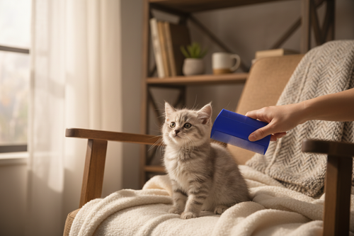 AuraComb Pro being used on a grey kitten, lifestyle