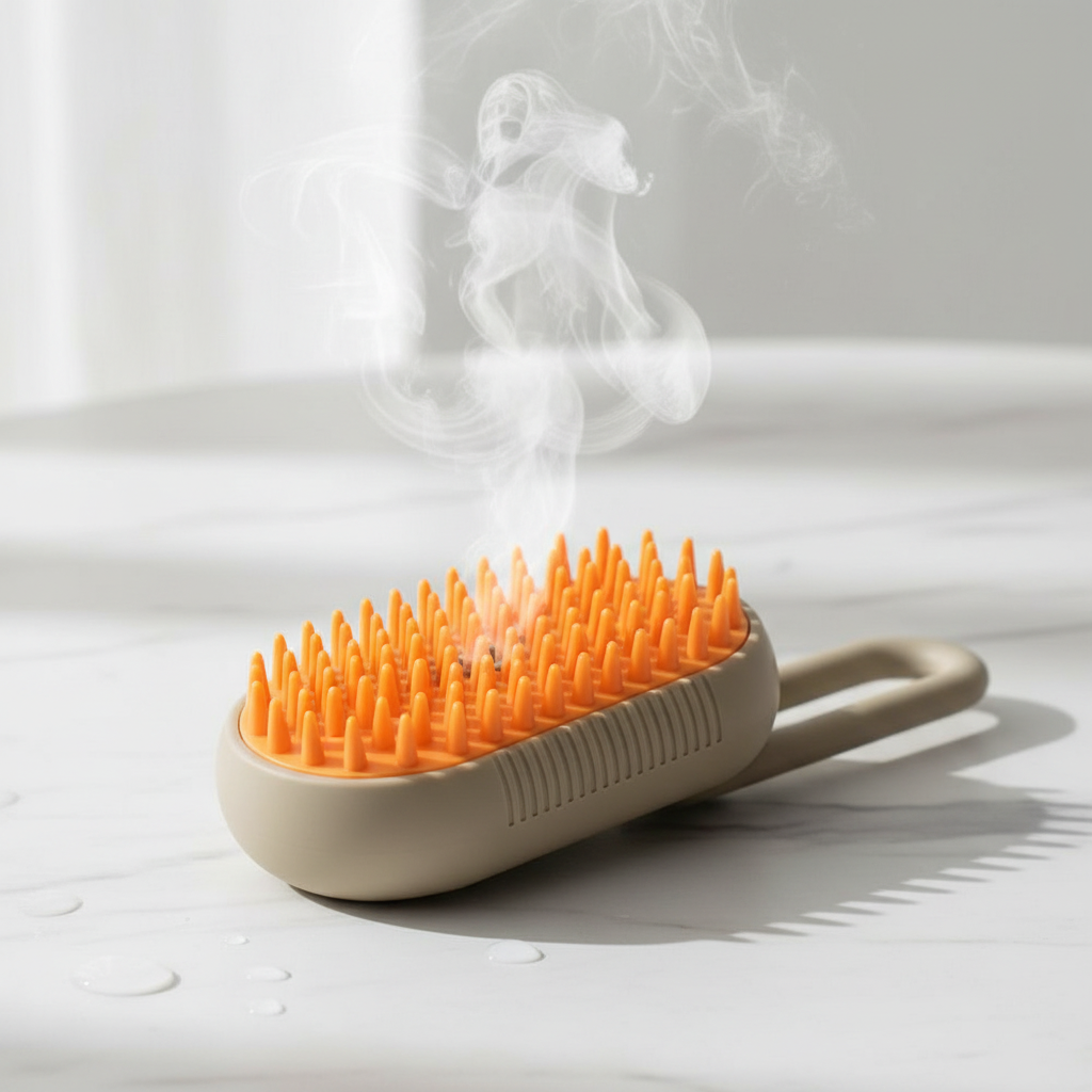 SteamGroom Pro Brush on marble surface, minimalist product photography