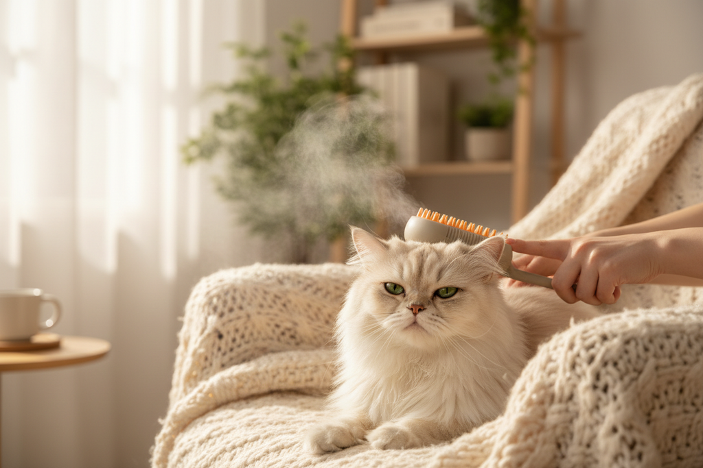 SteamGroom Pro Brush being used on a cat, cozy lifestyle scene