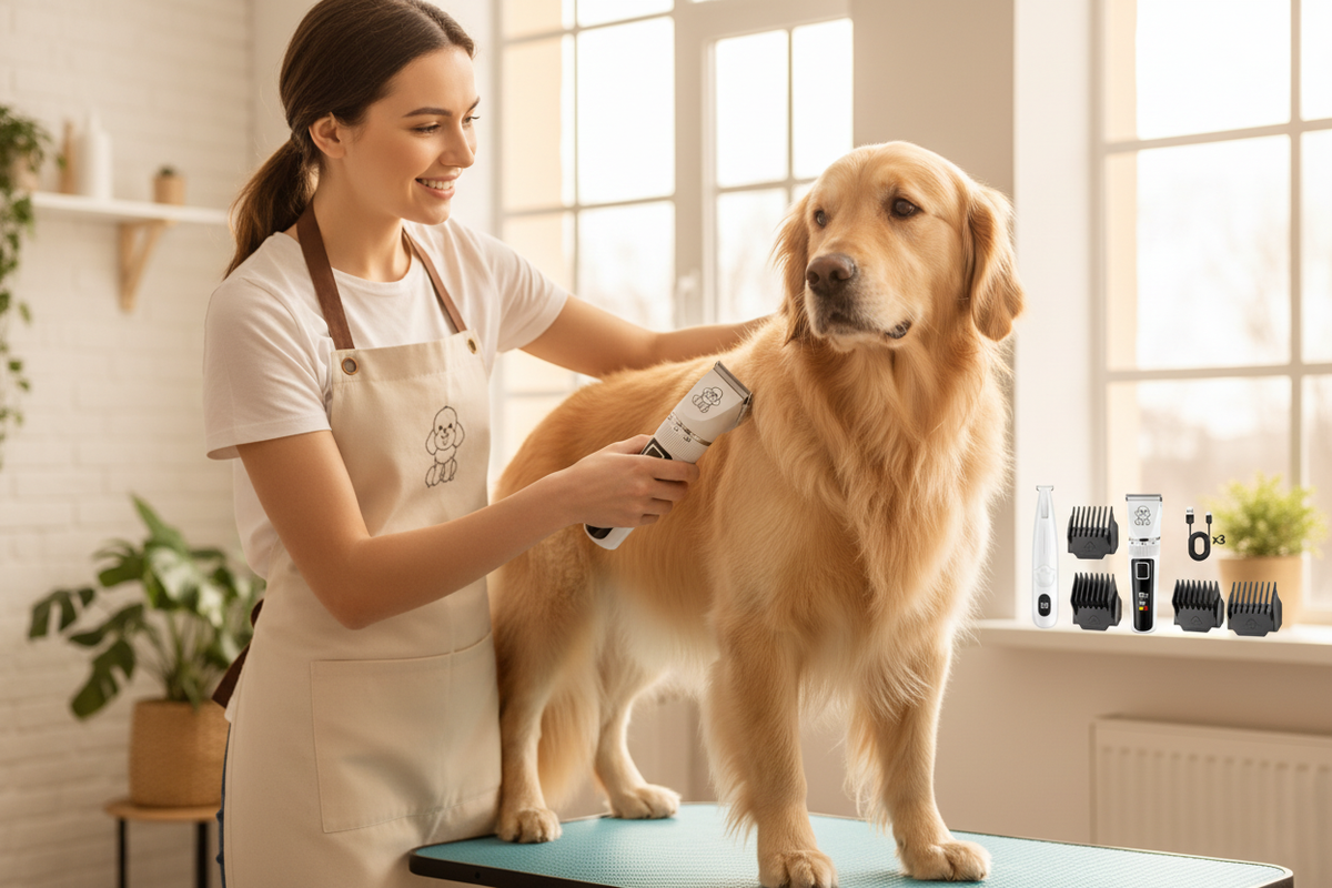 Woman grooming golden retriever with AuraGroom Pro clipper