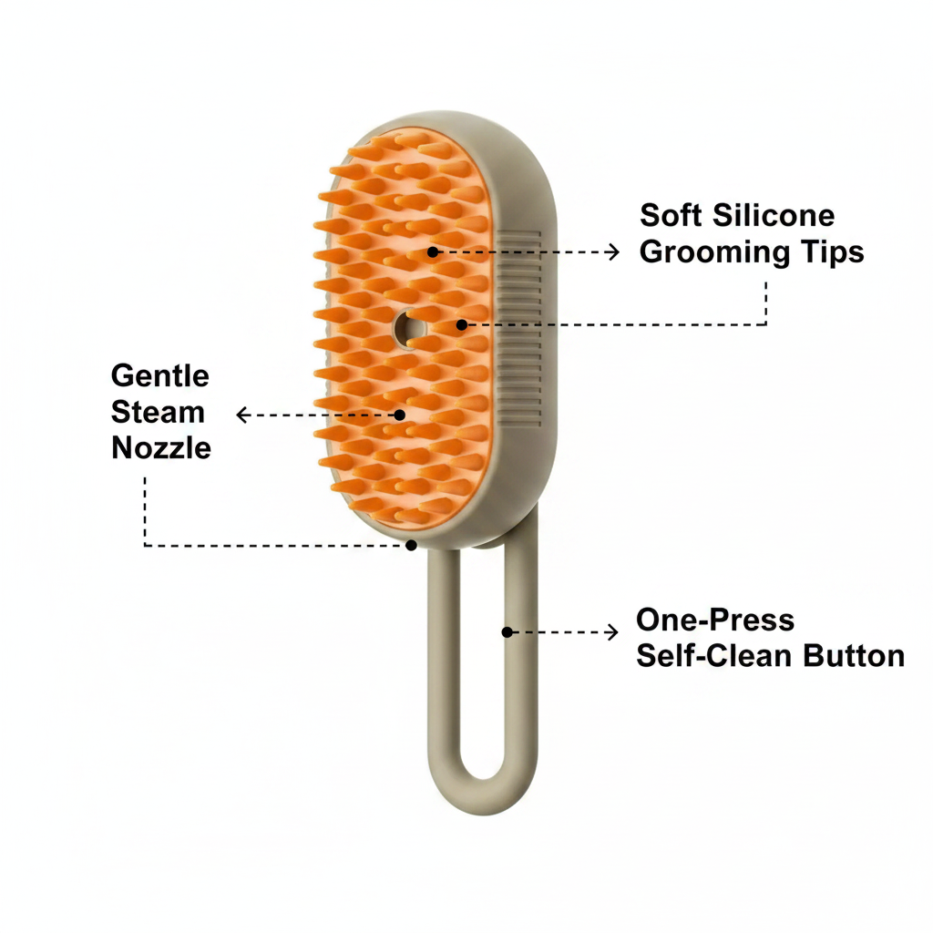 SteamGroom Pro Brush feature callout infographic with silicone tips, steam nozzle, self-clean button