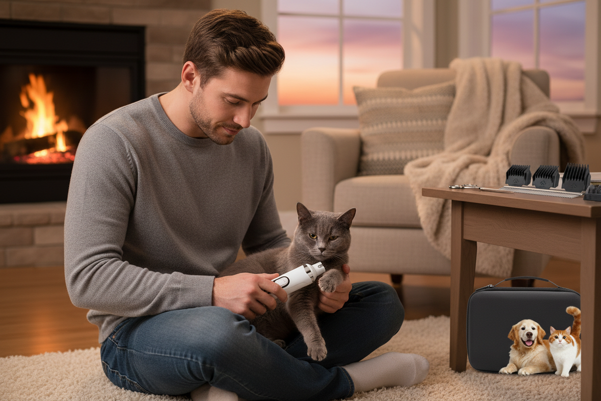 Man trimming cat paws with AuraGroom Pro slim trimmer