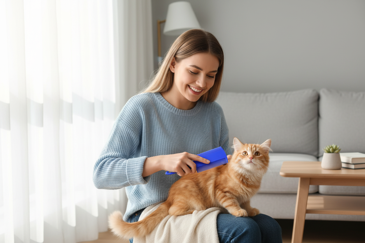 Woman smiling while grooming orange tabby cat with AuraComb Pro