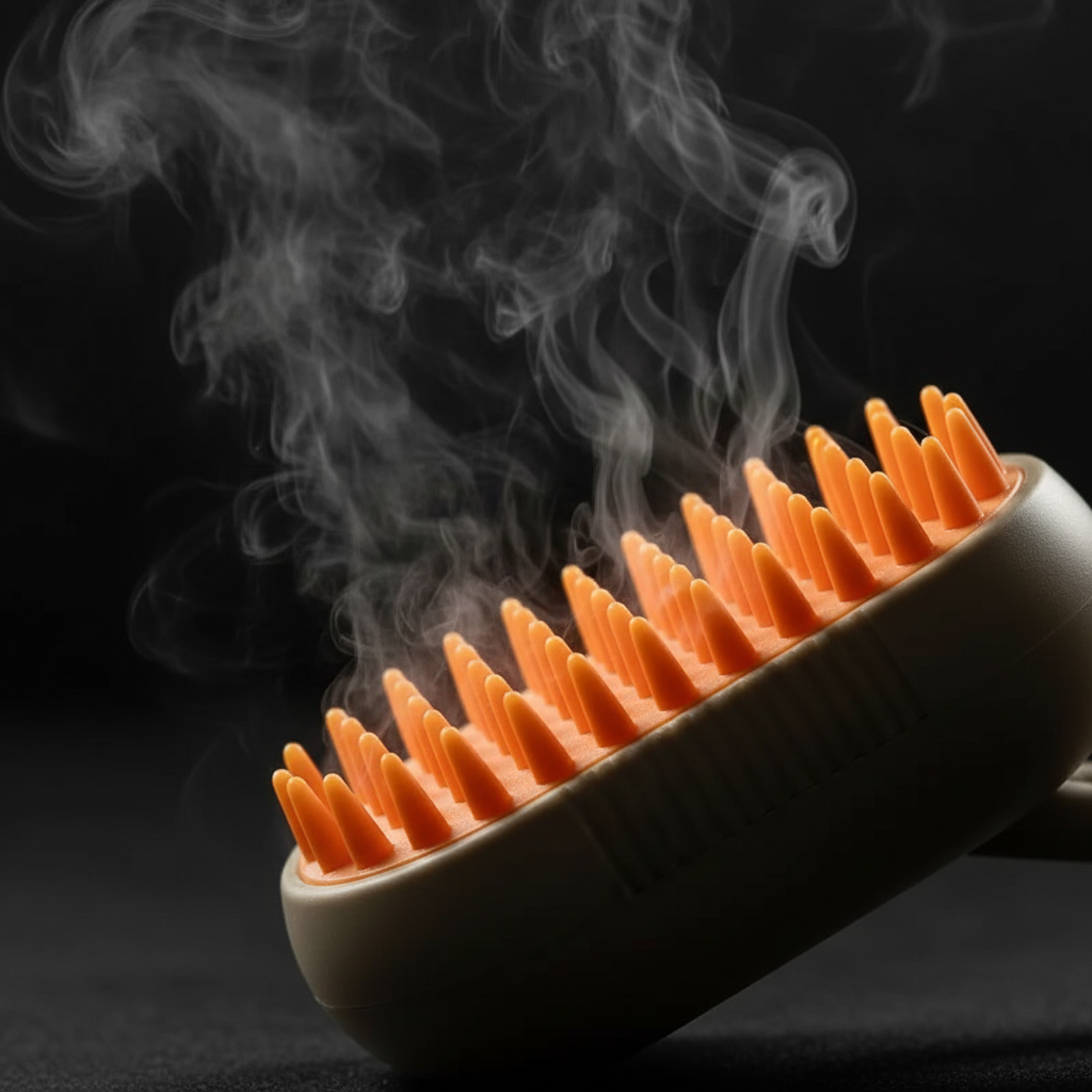 Close-up macro of SteamGroom Pro silicone bristle tips with steam mist