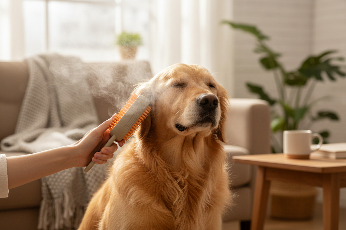 SteamGroom Pro Brush being used on a golden retriever, lifestyle photography
