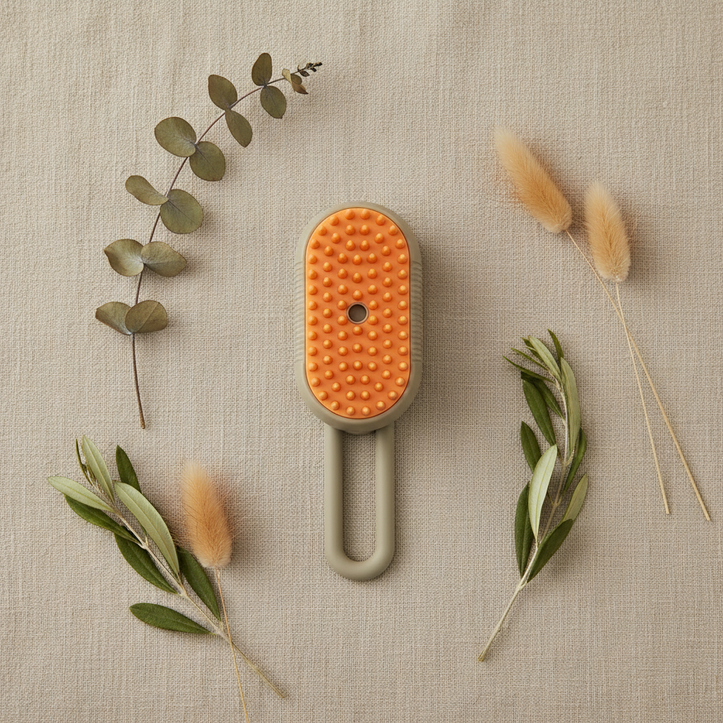 Editorial flat lay of SteamGroom Pro Brush with botanical accents